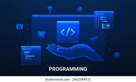 Concept of app development and programming. Information technologies, computer engineering or coding, developing software or game. Polygonal vector illustration with programming windows.