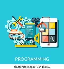 Concept for app development programming with smartphone, tools, programing code. Apps, development, mobile apps programming, software development, mobile app development, app design programming