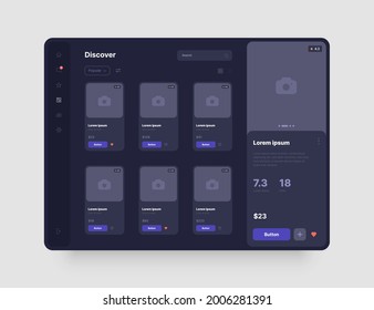 Concept app interface for online store, hotel booking or social media. Dashboard design in dark colors with UI and UX elements.