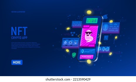 Concept of app for sell NFT art. Mobile phone with of application for buying NFT pictures. 3d vector illustration. Non-fungible token. Digital blockchain technology.
