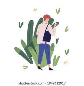 Concept of app user care and friendly usable environment. Person with phone using customer-oriented mobile application. Colored flat vector illustration of client support isolated on white background