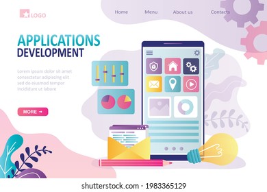 Concept of application development and ui ux design. Different icons on cellphone screen. Develop of interface design for applications. App customization. Landing page template. Vector illustration