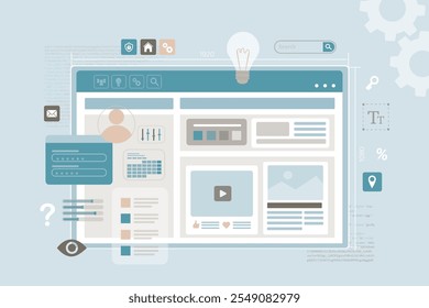 Conceito de desenvolvimento de aplicativos e design de interface do usuário. Ícones e ferramentas diferentes na página Web. Desenvolvimento de design de interface para aplicativo ou web. Personalização do aplicativo. Modelo de página de aterrissagem. Ilustração vetorial