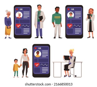 Concept of application of electronic medical records for modern clinics. Set of different doctors in white coats, patients using medical app for smartphone or tablet, illustration isolated on white