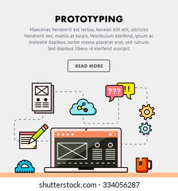Concept of application prototyping banner with laptop and icons on light background and place for text Flat style with outlines Template Hero image Vector illustration