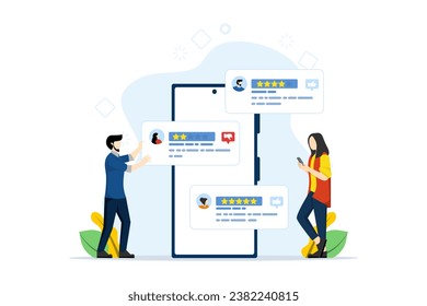 concept of application rating, technology, customer satisfaction, customer feedback, character in providing service assessments. review, ui and ux, social media, flat vector illustration.