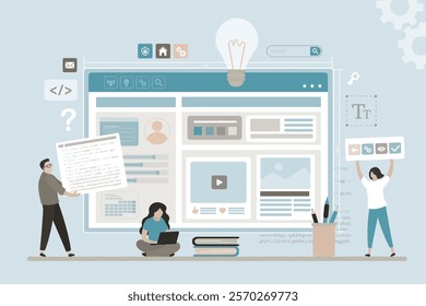 Concept of application or web development, ui ux design. Group of designers and developers with different icons and part pages. Develop of interface design for applications. App customization. vector