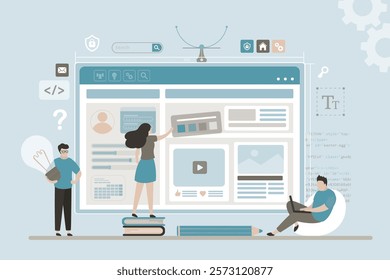 Concept of application or web development, ui ux design. Group of designers and developers with different icons and part pages. Develop of interface design for apps or program. App customization.