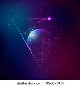 concept of applied astronomy, graphic of golden ratio surrounded by triangle sign with outer space background