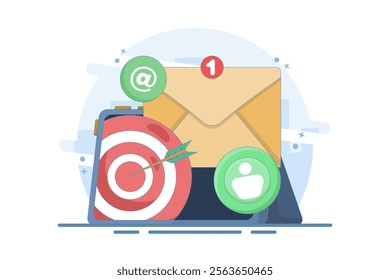 Concept of Approaching Target Audience Using Email Marketing, Online Business Strategy, Advertising, Email Newsletter, Messaging, Business Marketing Material. Flat Vector Illustration.