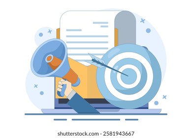 Concept of Approaching target audience using email marketing, Online business strategy, Advertising, Email newsletter, messages, marketing materials for landing pages, flat vector illustration.