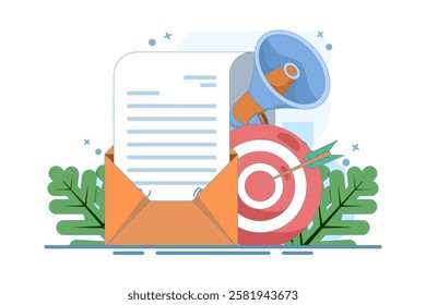 Concept of Approaching target audience using email marketing, Online business strategy, Advertising, Email newsletter, messages, marketing materials for landing pages, flat vector illustration.