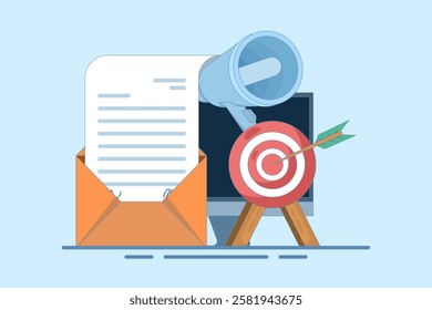 Concept of Approaching target audience using email marketing, Online business strategy, Advertising, Email newsletter, messages, marketing materials for landing pages, flat vector illustration.