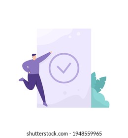 a concept is approved or accepted. illustration of a boy who is happy because it has been verified. was successful. get tick. flat style. vector design