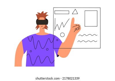 Concept AR and VR technologies. A man in augmented reality glasses works. Vector illustration in a flat style.