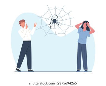 Concepto de aracnofobia, hombre y mujer asustados de la araña. Insectos en la telaraña. Hombres y mujeres en pánico. Psicología fobia. Miedos irracionales, trastorno de ansiedad caricatura ilustración vectorial plana