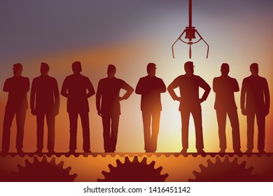 Concept of arbitrary selection of employees, with several men marching on a treadmill waiting to be chosen for a job, by a machine.