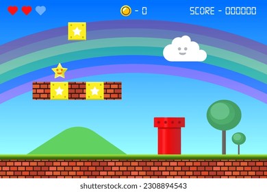 Concept Arcade Adventure game  background scene with ground, grass, trees, sky, clouds,star,rainbow illustration vector