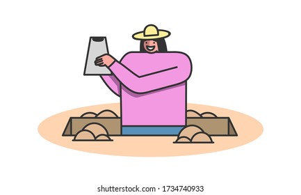 Concept Of Archeology Excavation. Archaeologist Woman Researching And Making Excavation Of Ancient Animals Remains. Girl Has Found Important Artifact. Cartoon Linear Outline Flat Vector Illustration.