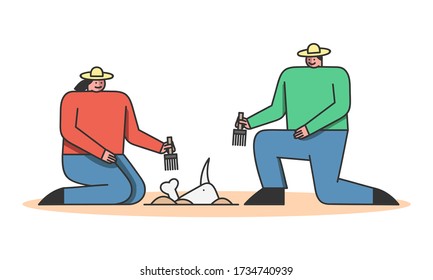 Concept Of Archeology Excavation. Archaeologists Man And Woman Making Excavation Of Ancient Animals Remains. People Exploring Ancient Culture. Cartoon Linear Outline Flat Style. Vector Illustration.