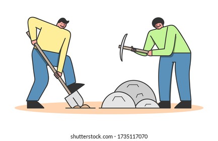 Concept Of Archeology Excavation. Archaeologists Men With Tools Making Excavation Of Ancient Remains Among Stones. People Exploring Ancient Culture. Cartoon Linear Outline Flat Vector Illustration.