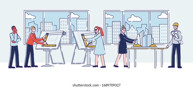 Concept Of Architect Profession. Group Of Creative Architects Are Developing Project Of Residential Area Using Professional Architecture Tools. Cartoon Linear Outline Flat Style. Vector Illustration