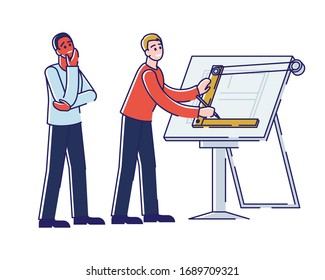 Concept Of Architect Profession. Men Creative Architects Are Drawing New Architectural Project Using Professional Drawing Desk And Scale Ruler. Cartoon Linear Outline Flat Style. Vector Illustration