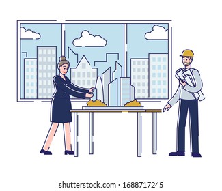 Concept Of Architect Profession. Woman Creative Architect Is Representing Wishful Visual Project Of Residential Area To Professional Contractor. Cartoon Linear Outline Flat Style. Vector Illustration