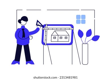 Concept Architect studio with people scene in the flat cartoon design. An architect is developing a blueprint for a new house. Vector illustration.