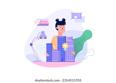Concept Architect studio with people scene in the flat cartoon design. The architect is making a model of a new big house. Vector illustration.
