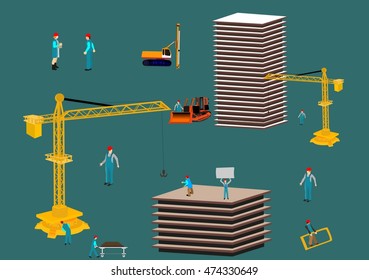 Concept arhitect illustration. The process of building a house. Workers and technic