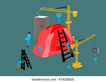 Concept arhitectural illustration. Scene of The process of building a house. Workers, helmet and technic