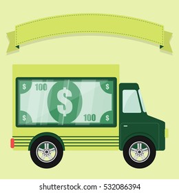 Concept Of Armored Car. Money Shown In A Showcase In The Back Of A Truck. Ribbon To Enter Text. Concept.