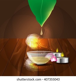 the concept of aromatherapy and massage with image of  plate with massage oil, candles and rose petals