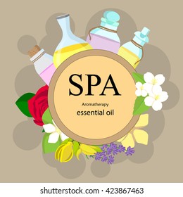 the concept of aromatherapy and spa with bottles of essential oils and flowers - rose, citrus, jasmine, ylang ylang, lavender, vanilla