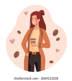 Concept of aromatic morning. Girl stands with coffee in her hands. Working day, energy, delicious drinks. Mug of espresso or americano, caffeine drink, woman. Cartoon flat vector illustration