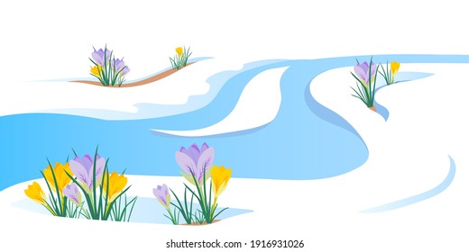 The concept of the arrival of spring and the awakening of nature after winter. Melting snow, streams and snowmelt, primroses, crocuses and spring flowers. Vector illustration. End of the cold season.