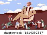 Concept of arrogance or bossy manager who doesnt listen to subordinates opinion. People shout out for haughty boss who sit in chair. Flat vector cartoon illustration of selfish management