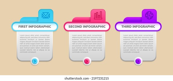 Concept of arrow business model with 3 successive steps. Three colorful graphic elements. Timeline design for brochure, presentation. Infographic design layout. 3d style design