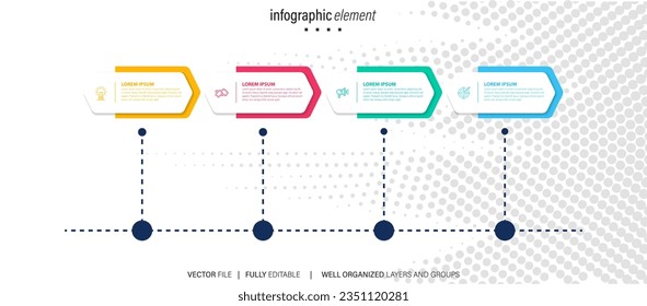 Concepto de modelo de negocio de flecha con 4 pasos sucesivos. Cuatro elementos gráficos coloridos. Diseño de la línea de tiempo para el folleto, presentación. Diseño gráfico
