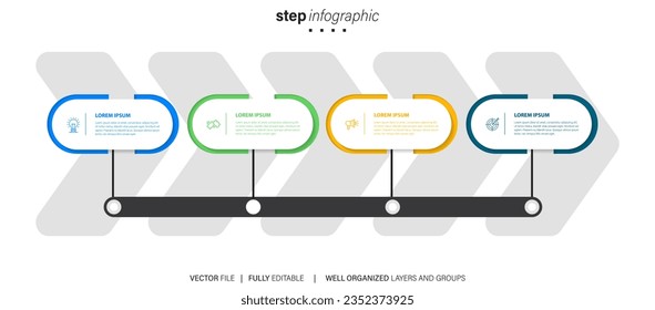 Konzept des Pfeilers Geschäftsmodell mit 4 aufeinander folgenden Schritten. Vier farbige rechteckige Elemente. Zeitplanung für die Broschüre, Präsentation. Infografik Design Layout.
