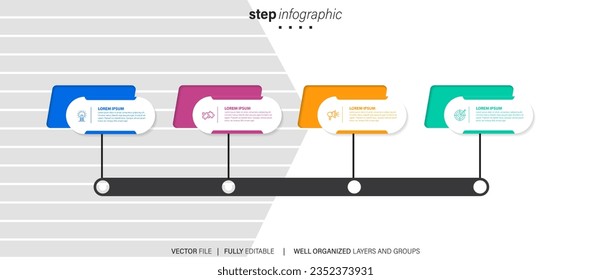 Concept of arrow business model with 4 successive steps. Four colorful rectangular elements. Timeline design for brochure, presentation. Infographic design layout.
