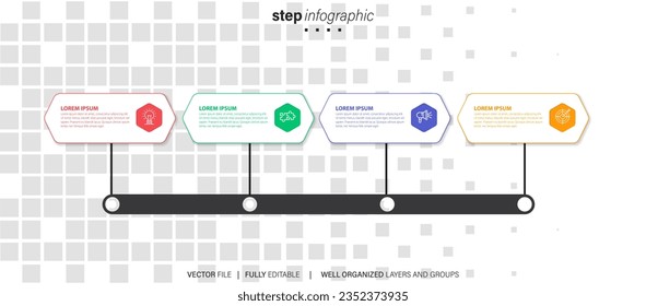 Concept of arrow business model with 4 successive steps. Four colorful rectangular elements. Timeline design for brochure, presentation. Infographic design layout.
