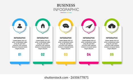 Concept of arrow business model with 5 successive steps. colorful graphic elements. Timeline design for brochure, presentation. Infographic design layout