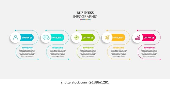 Concepto de modelo de negocio de flecha con 5 pasos sucesivos. Diseño de círculo de línea de tiempo para folleto, presentación. Diseño infográfico.