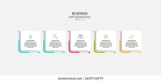 Concepto de modelo de negocio de flecha con 5 pasos sucesivos. Diseño de línea de tiempo para folleto, presentación. Diseño de infografía