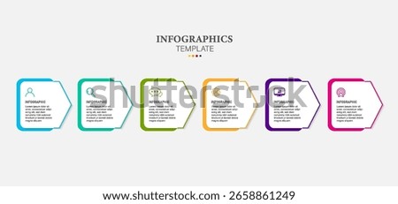 Concept of arrow business model with 6 successive steps. Six colorful graphic elements. Timeline design for brochure, presentation. Infographic design layout