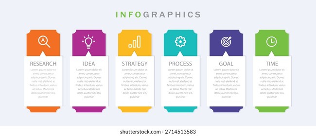 Concepto de modelo de negocio de flecha con seis pasos sucesivos. Seis Elementos gráficos coloridos. Diseño de línea de tiempo para folleto, presentación. Diseño de infografía