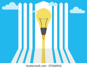 Concept of the arrow rising up and flying light bulb. Chart as a symbol of business growth.