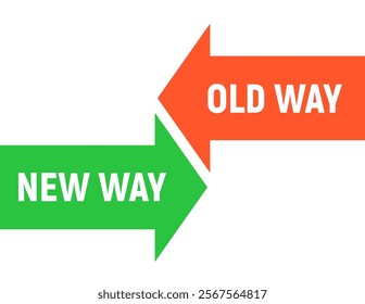 Concept with Arrows Representing Old Way and New Way in Green and Orange.